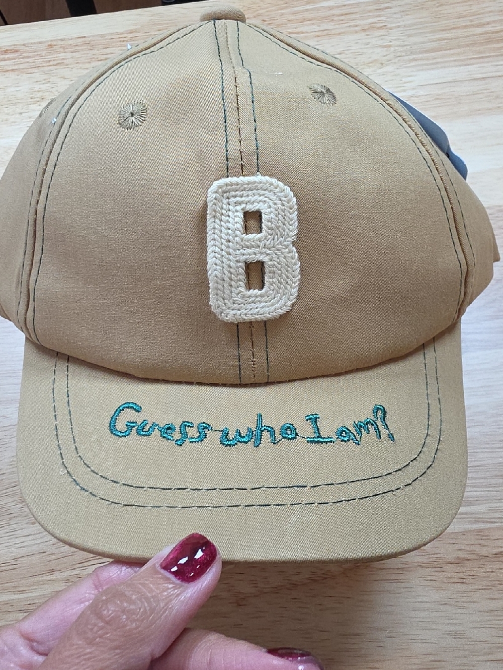 Kids Tan Baseball Cap with Embroidered 'B' and Teal Script 2-6 Y